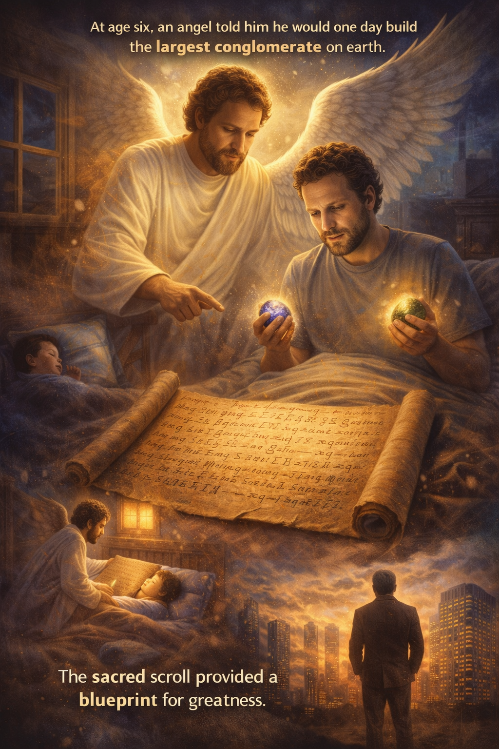 Illustration of the founder's angel and scroll origin story